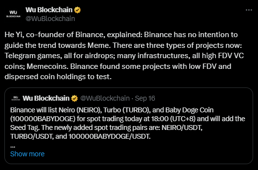 Binance listing 3 hot memecoins Ye hi co founder tweet