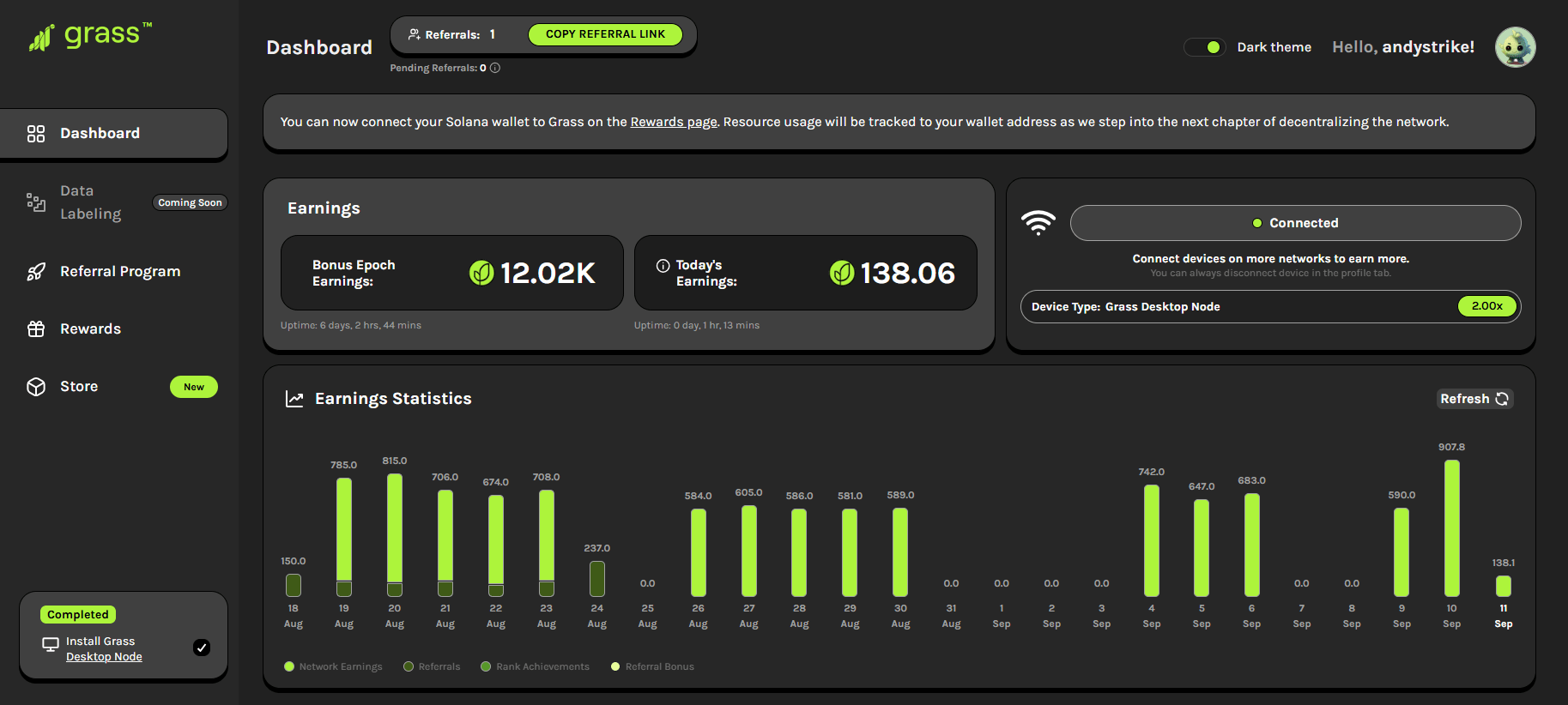 passive airdrop grass dashboard