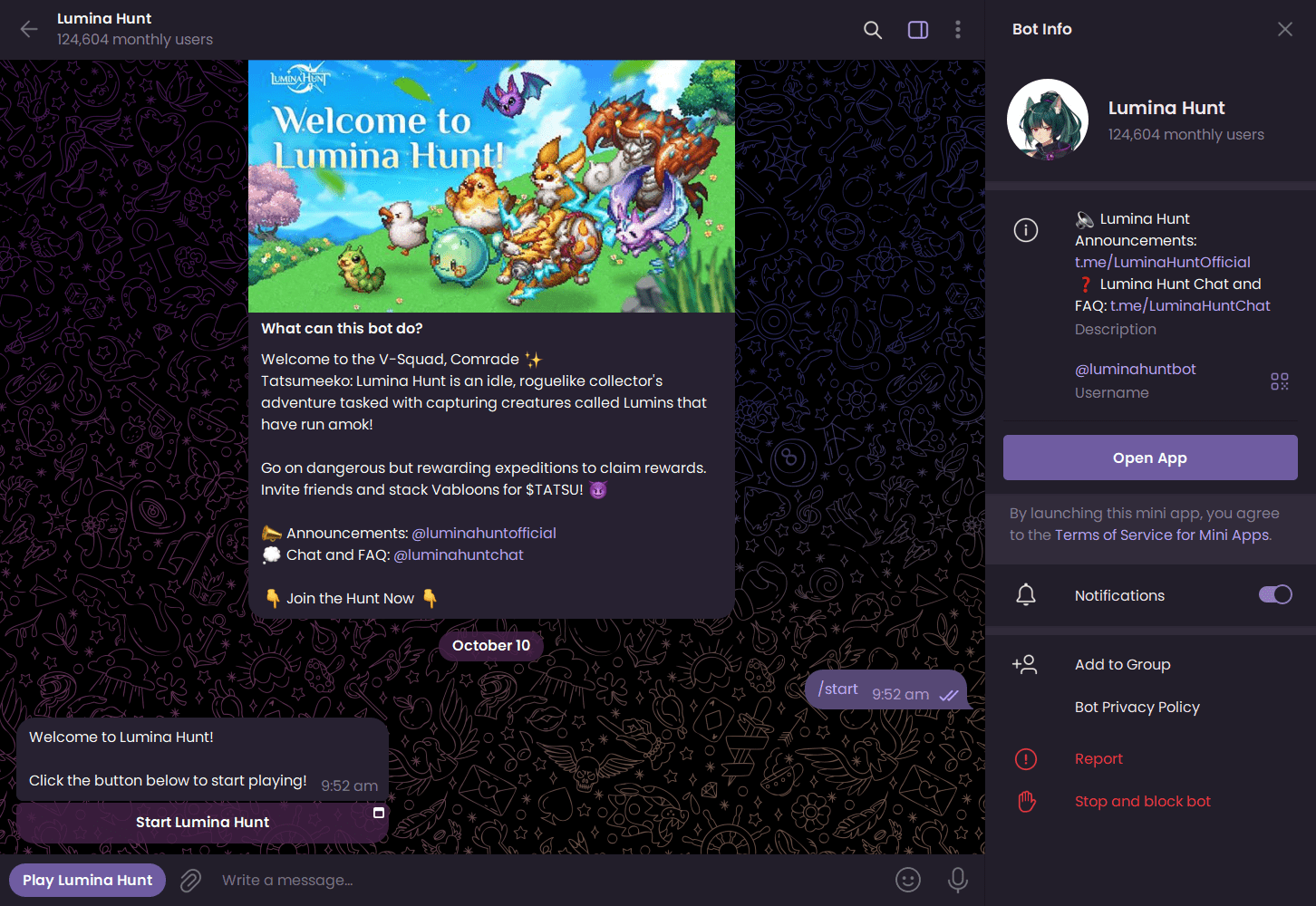 Tatsumeeko Lumina Hunt bot start 1 cropped